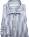 Perry Ellis Men's Premium Ribbon Stripe French Cuff Slim Fit Dress Shirt, Blue, 17.5 34/35