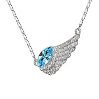 Angel Wing Fashion Women Pendant Necklace, Aqua Blue Oval Crystal, 18K Gold Plated, Free 18 Chain - SUPER CUTE