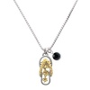 Im. Rhodium and Gold Open Plumeria Flower Flip Flop and Charm Necklace with Jet Black Crystal Drop