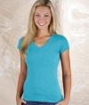 LAT Ladies Junior Fine V-Neck Longer Length Jersey, AQUA, Large