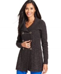 Double-breasted style and a warm marled knit make this Style&co. petite cardigan a fall must-have.