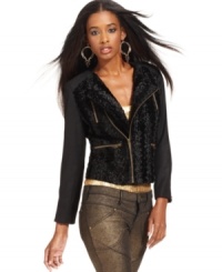 A textured panel adds and asymmetrical zipper adds stylish flair to this chic MM Couture motorcycle jacket!