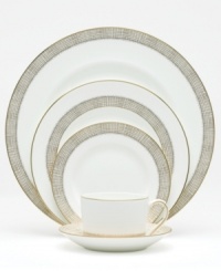 Like fine mesh ribbons, a crisscross of gold bands with platinum accents create this delightfully rustic dinnerware pattern. Gilded Weave place settings are a beautiful way to bring homespun charm to formal events or exquisite style to every meal.