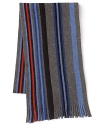 The fringed ends extend the stripe pattern on this choice scarf of wool and softer-than-soft cashmere, creating a fine complement to your cold weather coat.