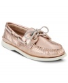 With their platinum metallic upper, Sperry Top-Sider's beloved boat shoes get a glamorous fashion makeover! Their traditional design elements and enduring quality yield both classic charm and timeless appeal.