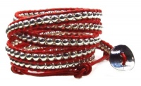 Tara Silver Beaded Red Leather Wrap Bracelet, Wraps Wrist 5 to 6 Times