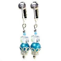 Monet Hand Beaded Vintage Clip On Earring Collection-Teal and Turquoise Blue Green Glass Cube and Round Beads with Silver Tone Filigree