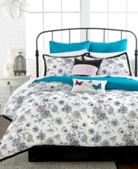 Flower power. Your bedroom is in bloom with this totally chic comforter set, featuring a beautiful floral landscape with pretty butterfly and perfect pleated details. The pop of bright blue color gives the set a little something extra.