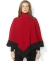 Lauren Ralph Lauren's classic wool poncho is updated with striking faux-leather buckles and a bold color-blocked hemline