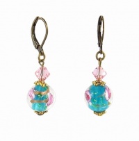 Earrings - E312 - Lampwork Glass and Swarovski (tm) Crystal Beads - Round Bead with Pink Flowers ~ Aqua Core