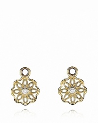 Inspired by antique lace, these 14K gold charms are punctuated with sparkling white diamonds and complement PANDORA's french wire and hoop earrings.