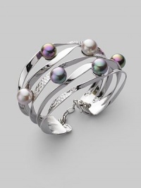 From the Ribbon Collection. Graceful ribbons, some smooth, some textured, hold lustrous pearls in a spectrum of soft shades. 10mm round white, grey and nuage man-made organic pearls Sterling silver Diameter, about 2¼ Width, about 1½ Lobster clasp Made in Spain