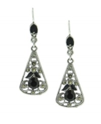 Featuring a unique lantern silhouette with intricate detailing, 2028's drop earrings are embellished with jet black enamel stones. Crafted in hematite tone mixed metal. Approximate drop: 2 inches.