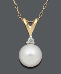 Spell out sophistication with a simple pearl. Pendant features a cultured freshwater pearl (7-7-1/2 mm) with a single diamond accent. Crafted in 14k gold. Approximate length: 18 inches. Approximate drop: 3/8 inch.