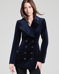 Plush stretch velvet, a deep jewel tone, an iconic silhouette-these are the makings of this gorgeous Burberry London double-breasted jacket. An elevated piece for daytime, it moves seamlessly into the evening with classic elegance.