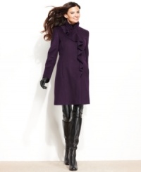 A feminine cascade of ruffles softens up DKNY's petite walker. The streamlined silhouette keeps this coat looking crisp.