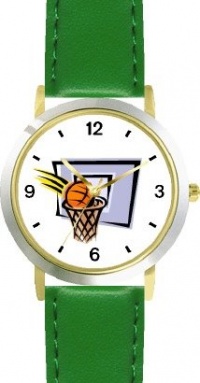 Basketball, Hoop, Backboard, Swish Basketball Theme - WATCHBUDDY® DELUXE TWO-TONE THEME WATCH - Arabic Numbers - Green Leather Strap-Size-Large ( Men's Size or Jumbo Women's Size )