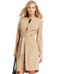 Calvin Klein creates a minimalist masterpiece with this collarless coat. The elongated hem makes it perfect for pairing with skirts and dresses, too.