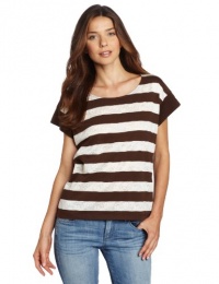 Jones New York Women's Lace Stripe Open Crew Neck Tee, Cocoa/Sugar, Medium