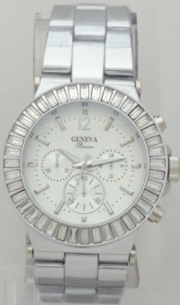 Geneva Quartz Chronograph-style Look RhineStone on Bezel Silver Metal Band