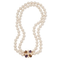 Double the elegance. Carolee's double-strand plastic pearl necklace is finished with a colorful pendant made with epoxy stones. Crafted with 12k gold-plated mixed metal. Approximate length: 18 inches.