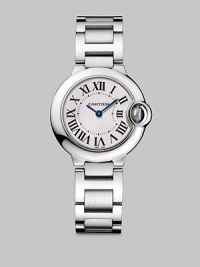 Distinctive stainless steel design with blue hands and large Roman numeral dial.Cartier caliber 057 quartz movement Water resistant to 100 feet Stainless steel case, 28.6mm, (1.1) Silver opaline dial Roman numeral markers Blue steel hands Stainless steel bracelet Made in Switzerland