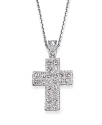 Celebrate your faith with this shining crystal pave cross pendant from Swarovski, in rhodium-plated mixed metal. Approximate length: 15-1/2 inches. Approximate drop: 1 inch.