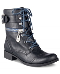 Unusual details, like a sideways exposed zipper and colorful laces, add unexpected charm to the Brixxy combat booties by G by GUESS.