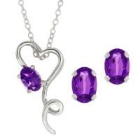 1.95 Ct Purple Amethyst Sterling Silver Heart Pendant Earrings Set W/18 Chain