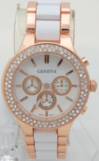 Geneva Quartz Chronograph Look Rose Gold White ceramic-style With Rhinestones