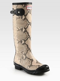 Pick-me-up boots to brighten rainy days, constructed with snake-print rubber and topped with a buckle strap. Shaft, 15Leg circumference, 15Snake-print rubber upperPull-on styleNylon liningRubber solePadded insoleImported