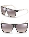 Sporty square shield sunglasses with a transparent top bar and striped arms.