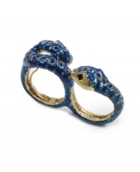 Snake charming style, by RACHEL Rachel Roy. Two-finger snake ring crafted from hematite-plated mixed metal and blue epoxy covered in sparkling sapphire crystals. Adjustable sizing; one size fits most.