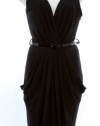 Anne Klein Black Matte Jersey Pleated Sleeveless Belted Dress 6