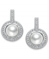 The timeless look of elegance. Eliot Danori's drop earrings feature framed simulated pearls (8 mm) with genuine mother-of-pearl coating encircled by crystals accents. Set in rhodium-plated mixed metal. Approximate diameter: 1/2 inch.