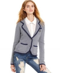 You'll love your look in this chic knit blazer from Tommy Girl! Fun zigzags and colorblocked trim updates an ordinary blazer to the modern day!