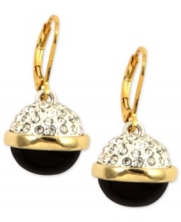 A luxe shine captivates on these Anne Klein drop earrings. A ball silhouette gets a regal makeover with jet tones and glistening stones. Finished with a leverback closure. Crafted in gold tone mixed metal. Approximate drop: 1 inch.