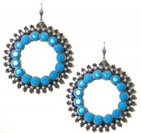 Catherine Popesco Sterling Silver Plated Double Circle Filigree Dangle Earrings with Pearls and Turquoise Swarovski Crystals