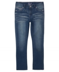 Super skinny and extra stylish, her favorite Levi's get glammed up with sparkly rhinestones and embroidery.