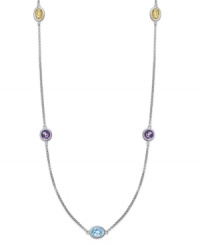 Pretty pops of color, all in a row. This delicate long strand necklace features round and oval-cut stations of blue topaz (4 ct. t.w.), citrine (1-1/2 ct. t.w.) and amethyst (4-1/2 ct. t.w.). Setting and lobster claw clasp crafted in sterling silver. Approximate length: 36 inches.