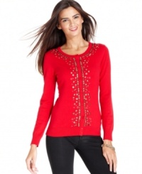 Studs and rhinestones awaken this basic cardigan from Top Knits! Pair it with skinny jeans for an on-trend look.