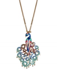 Shake your tail feathers with this darling peacock necklace from Betsey Johnson. A long gold tone chain showcases a gold tone peacock pendant with multi-colored details and crystal accents. Crafted in antiqued gold tone mixed metal. Approximate length: 31 inches + 3-inch extender. Approximate drop: 5-3/4 inches.