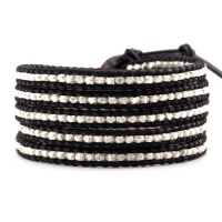 Chan Luu 5 Wrap Bracelet with Sterling Silver Nuggets on Black Leather