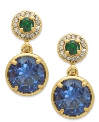 Rich colors in blue and green create a bold earring style from Lauren Ralph Lauren. The double drop silhouette highlights resin beads with glass pave accents. Crafted in 14k gold-plated mixed metal. Approximate drop: 1/2 inch.