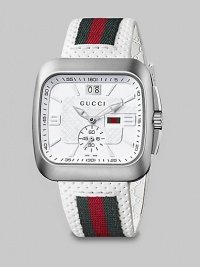 From the Gucci Coupé Collection. A sporty style featuring a white dial with a sub-dial and web accented white leather strap. Swiss quartz movementWater resistant to 5 ATMSquare stainless steel case, 40mm (1.5) X 40mm (1.5)Smooth bezelWhite dialBar and numeric hour markersDate display at 12 o'clockSecond sub-dial Web accented white leather strapMade in Switzerland 