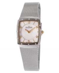 A stylish and elegant watch from Skagen Denmark, with two tones and a chic mesh band. Silvertone stainless steel mesh bracelet and square case. Square white dial with goldtone accents, logo and numeral indices. Quartz movement. Water resistant to 30 meters. Limited lifetime warranty.