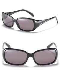 Small rectangle frame sunglasses with printed temples and signature logo detail for standout style.