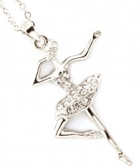 Adorable Clear Crystal Embellished Dancing Ballerina Ballet Charm Pendant and Necklace - Silver Rhodium Plated