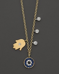 Diamonds and sapphires set in 14K yellow gold hamsa and evil eye charms create good luck--and style.