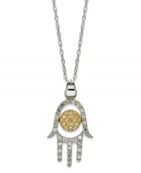 Symbolic and chic, this sparkling Hand of God pendant makes the perfect gift. Crafted in 14k gold and 14k white gold with an intricate cut-out design, round-cut diamonds (1/10 ct. t.w.) add just the right amount of shine. Approximate length: 18 inches. Approximate drop: 1/4 inch.